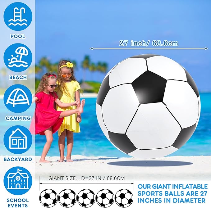Lewtemi Giant Inflatable Sports Balls Large Inflatable Beach Ball Baseballs Soccer Rainbow Basketball Football for Sport Birthday Party Favor(4 Pcs,Soccer, Baseball, Basketball, Football,27 Inch)