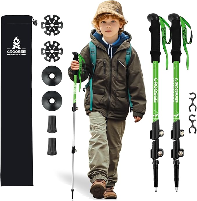 Lightweight Collapsible Kids Hiking Poles - Retractable Kids Hiking Stick, Telescoping Aluminum Trekking Poles 2 Pack, Adjustable Kids Ski Poles by Croosse