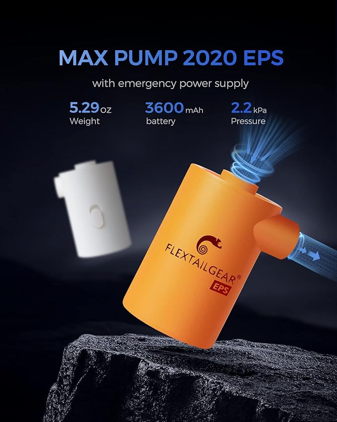 FLEXTAILGEAR Portable Camping Air Pump, Electric Air Mattresses Pump with 3600mAh Emergency Power Supply, 300 L/min Airflow for Rapid in/Deflation for Air Bed, Pool Float, Inflatables, Sleeping Pads