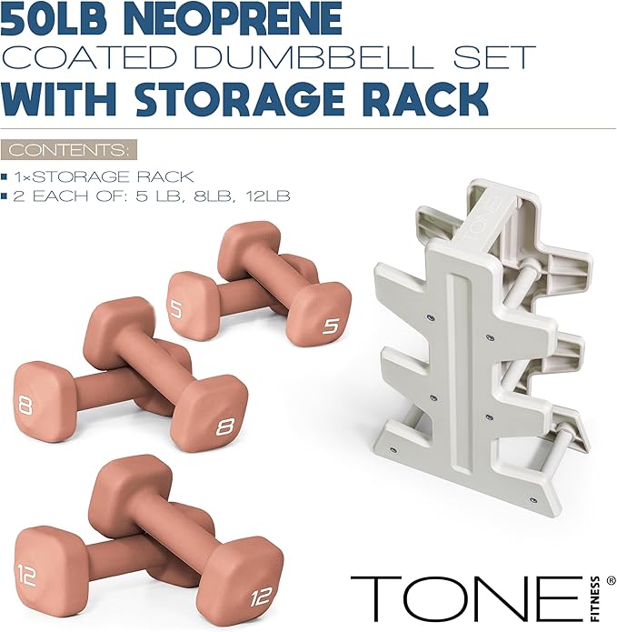 Tone Fitness Neoprene Dumbbell Set with Storage Rack – Non-Slip, Anti-Roll Hand Weights for Home Gym Workouts | 20 lb, 32 lb, & 50 lb Options