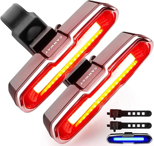 Canway Bicycle Rear Light Red/Blue, Bike Tail Light Rechargeable 168 Lumens Bike Tail Light Battery USB C 500mah Turn Signals 5 Modes Waterproof Safety for Road Mountain Night Riding