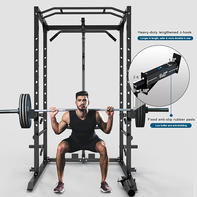 Power Cage, Multi-Functional Power Rack with J-Hooks, Dip Handles, Landmine Attachment and Optional Cable Pulley System for Home Gym