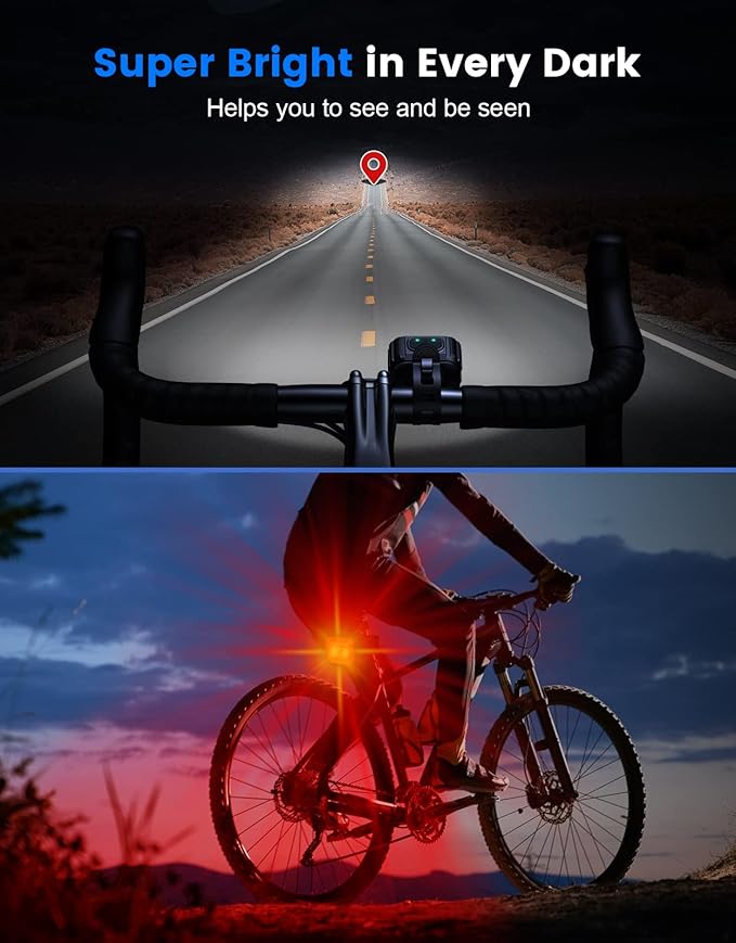 Bike Lights for Night Riding, Ultra Bright Rechargeable Bike Lights Front and Back, IPX6 Waterproof Bicycle Light Headlight and Tail Light Set, 8/12 Modes, 58Hrs Runtime, Easy to Install