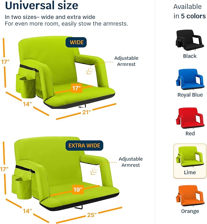 Alpcour Reclining Stadium Seat – Wide Bleacher Chair with Back Support and Cushion, Armrests, Side Pockets, and Bleachers Hook – Best Stadium Seats Chairs for Camping, Kayak, & Paddle Board Backs