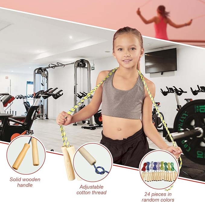 Shappy 24 Pcs Jump Rope Bulk 7.25 ft Adjustable Cotton Skipping Rope with Wooden Handle Braided Fitness Jumping Rope for Training Outdoor Exercise Fun Activity Party Favor