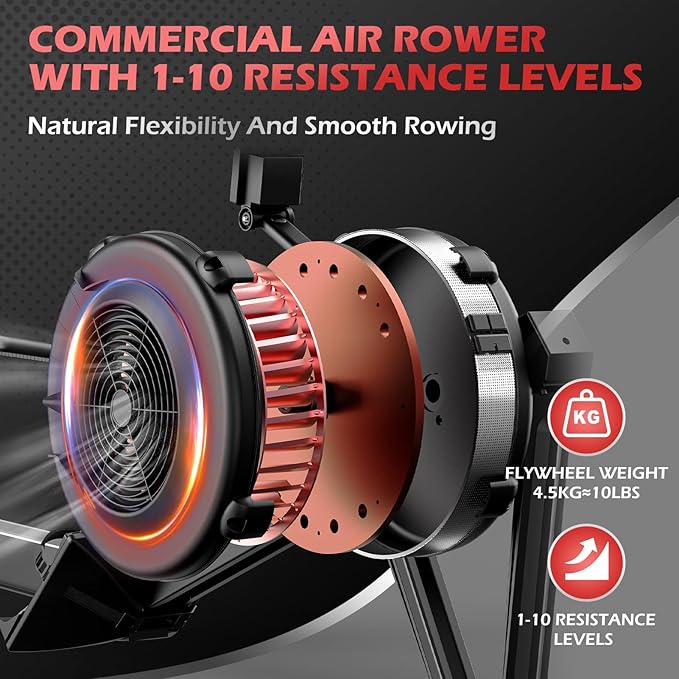 PASYOU Air Rowing Machine for Home 10-Level Resistance 350lb Load Rower Machine Foldable Commercial Row Machines with 47in Rail and Bluetooth Backlit Monitor, Adjustable Device Holder PR70