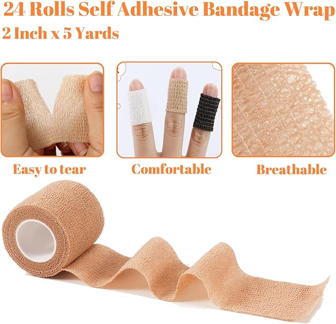 24 Rolls Self Adhesive Bandage Wrap, Vet Wrap 2 Inch, Dogs Bandages for Wounds Care Dressings, Elastic Self Stick Cohesive Bandage Wrap, Leg Wraps, Wrist Tape, Ankle, Sports, Tatto Grip Tape(Brown)