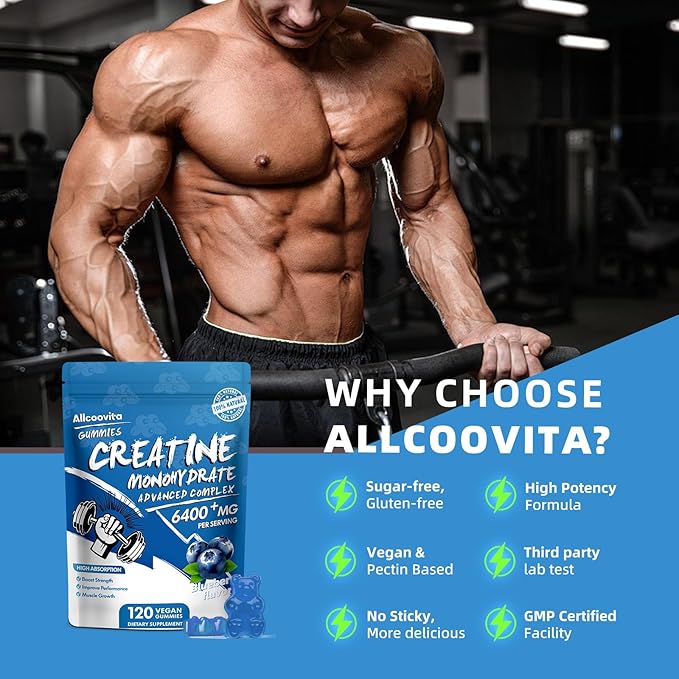 Creatine Monohydrate Gummies Complex for Men & Women - 120 Gummies Advanced Formula, L-Taurine + Vitamin B12 for Muscle Strength, Muscle Builder, Energy Boost, Pre-Workout Supplement -Blueberry