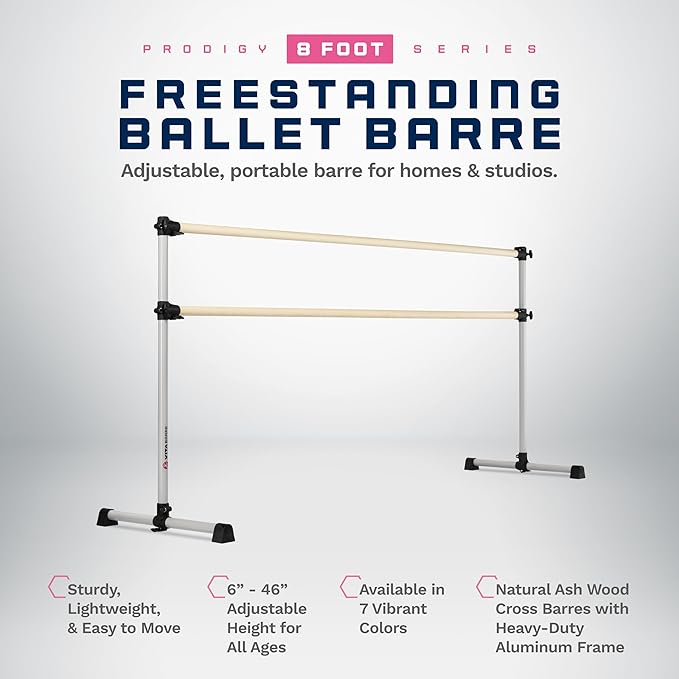 VITA Barre Portable Freestanding Double Ballet Barre, Prodigy, Wood | Adjustable Height, USA Made, Home or Gym Exercise Equipment for Kids & Adults | Dance, Fitness, Pilates