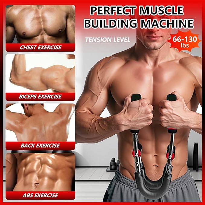 Chest Workout Equipment, 3 Holes Adjustable 66-130lb Portable Detachable Fitness Machine, Trainer Arm Traine for Men Women