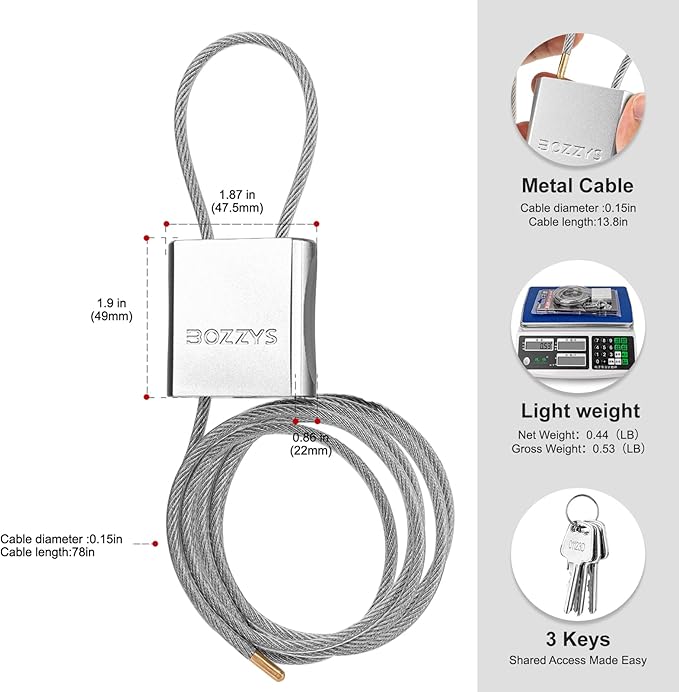 Adjustable Cable Locks with 3 Keys | L 6.56ft x D 1/6in Aluminum Steel Cable Padlock for Bikes, Gate, Lockers & Outdoor Gear | Keyed Different & Silver
