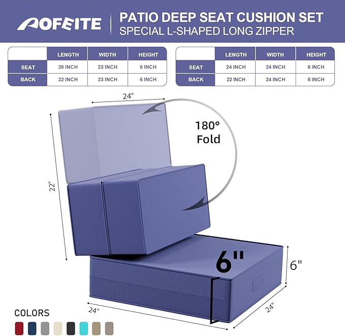 6 Inch Thick Foldable Deep Seat Cushion, 2 PCS 24 x 24 Inch Outdoor Water & Fade Resistant Olefin Patio Furniture Replacement Chair Cushion, with Removable Cover, Handle and Straps, Dark Blue