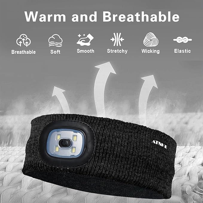 ATNKE 4 LED Lighted Sport Sweatband,USB Rechargeable Running Head Band Lamp High Stretch Wicking Gifts for Men and Women