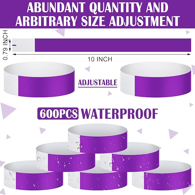 Tudomro 600 Packs Paper Wristbands for Events Neon Party Wristbands Colored Waterproof Paper Club Arm Bands Lightweight Identification for Concert Bar Entrance Admission(Purple)