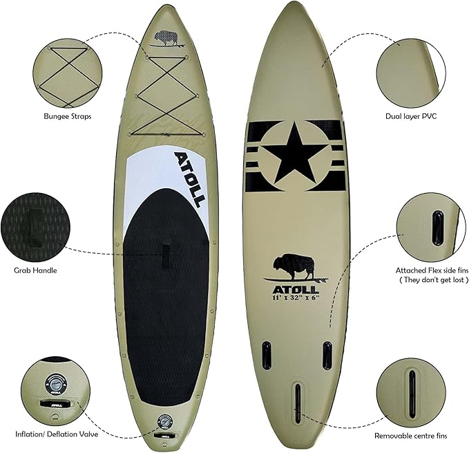 Atoll Inflatable Stand Up Paddle Board ISUP, Bravo Hand Pump and 3 Piece Paddle, Travel Backpack and Accessories New Leash Included Two Sizes - 11ft and 9ft