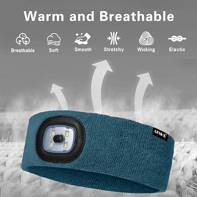 ATNKE 4 LED Lighted Sport Sweatband,USB Rechargeable Running Head Band Lamp High Stretch Wicking Gifts for Men and Women
