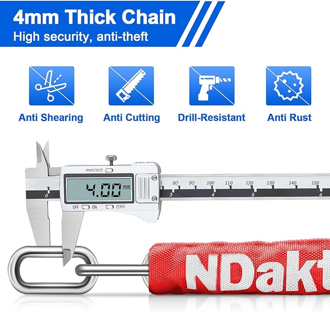 NDakter Bike Chain Lock, 5 Digit Combination Heavy Duty Anti Theft Bicycle Chain Lock,2.62/3.2/4.27/5/6Ft Long Security Resettable Bike Locks for Bike, Bicycle, Scooter, Door, Gate, Fence-4/6mm Thick