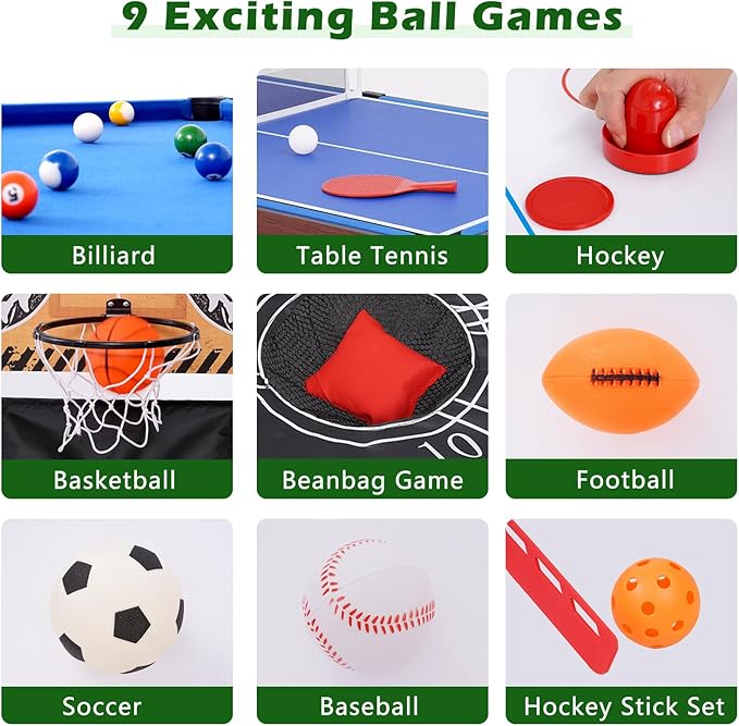 48" Multi Game Table, 9 in 1 Combo Game Table, Arcade Combination Game Table Set w/Billiards, Ping Pong, Hockey, Basketball, Bean Bag and Foosball for Adult, Kids, Home,Game Room