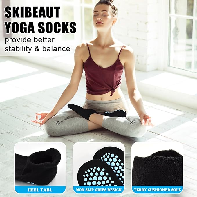 SkiBeaut Grips Non Slip Socks for Women, 4 Pairs Yoga Pilates Anti Skid Woman Hospital Gripper Socks (5-12)