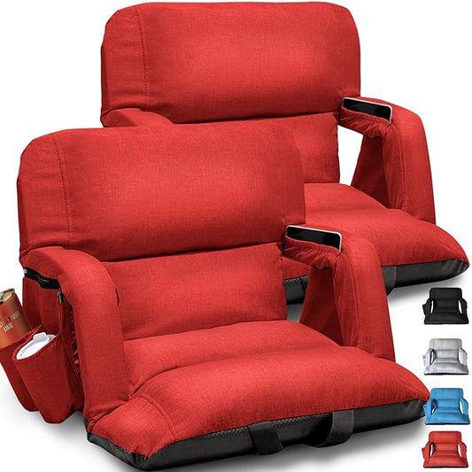 Wide Stadium Seats With Back Support 2 Pack, Exclusive "Sofa Style" Design Extra Thick Bleacher Chairs With Back and Cushion, 6 Reclining Positions - Ultimate Comfort for Sports Events (Red, 22.5")