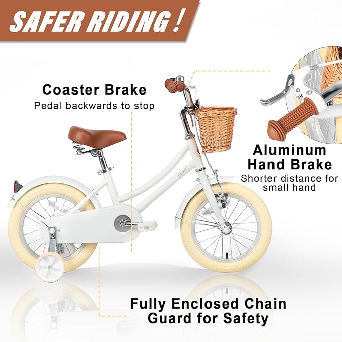 Glerc Little Molly 12-20 Inch Kids Retro Cruiser Bike for 2-13 Year Old with Wicker Basket & Training Wheels/Kickstand, Multiple Colors