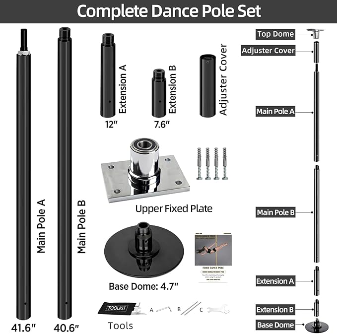 PRIOR FITNESS Permanent Fixed Dance Pole Kit, Professional 45mm Spinning & Static Dancing Pole Heavy-Duty Steel Pole Dance for Home, Adjustable Height Excellent for Home Exercise Studio Club Gym