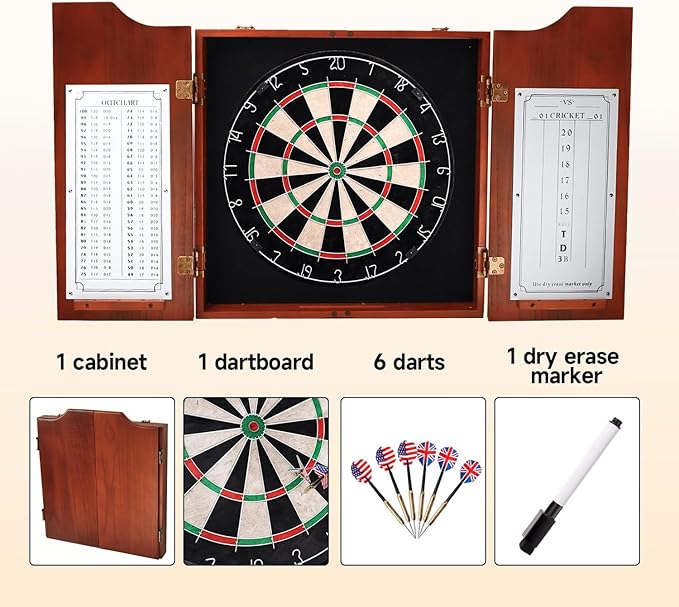 GSE Games & Sports Expert Professional Solid Wood Classic Dartboard Cabinet with Sisal/Bristle Dartboard, Scoreboard, and 6 Steel Tip Darts, Easy Assembly Complete with All Accessories (Mahogany)
