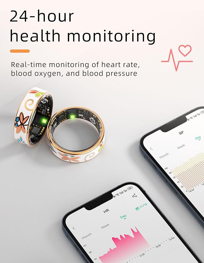 Ladies Smart Ring for Women Health Ring Blood Pressure Heart Rate Monitor Sleep Tracker Fitness Tracker Calories Step Counter Pedometer Gesture Control Waterproof Compatible with iOS Android Phones