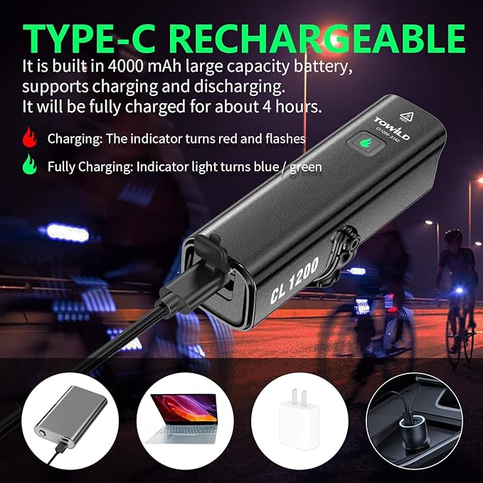 TOWILD CL1200 Bike Lights for Night Riding,Compatible with Garmin/GoPro Mount,1200 Lumen Bright Bike Headlight,Rechargeable Battery,Waterproof Bike Front Light for Commuter Cyclists
