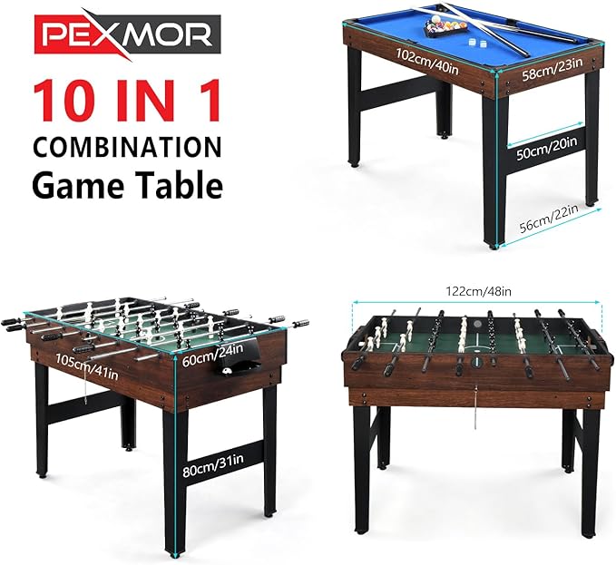 PEXMOR 10-in-1 Multi Game Set for Adults and Family, 48" Game Table with Hockey, Foosball, Pool, Ping Pong, Shuffleboard, Chess, Checkers, Bowling, Backgammon