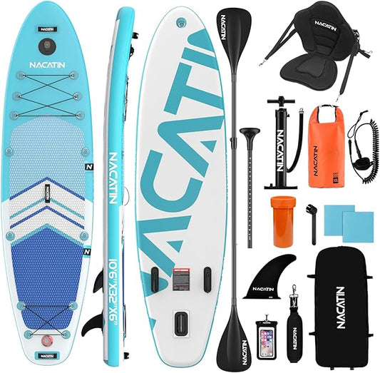 NACATIN Inflatable Stand Up Paddle Board with Kayak Seat,10'6"Upgrade Version Blow Up Paddle Boards for Adults with Premium SUP Accessories&Backpack,Adjustable Paddle,Camera Mount,Fins,Hand Pump