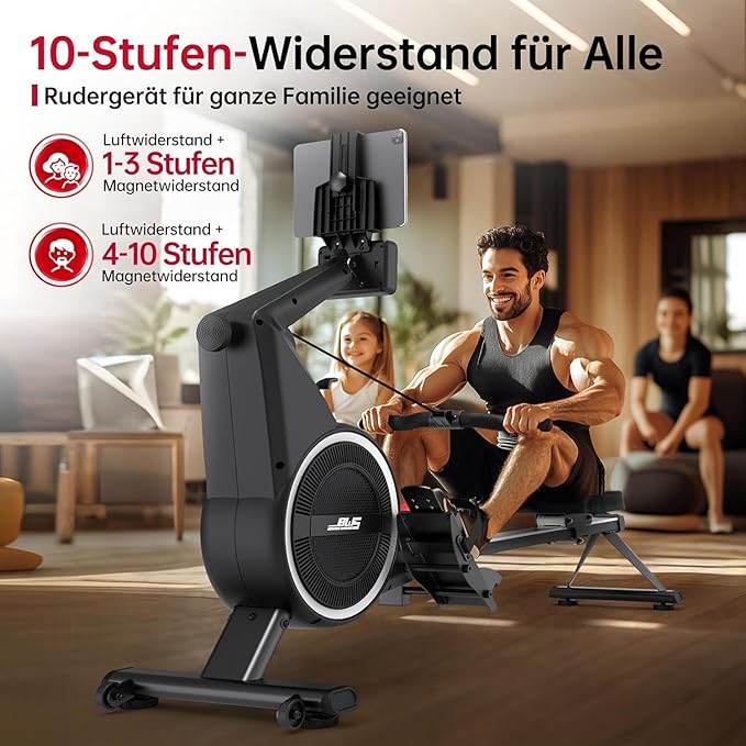 Air Magnetic Rowing Machines for Home BW5 Commercial Rower Machine Max Load 350LB 10-Level Resistance Easy Assembly Bluetooth LED Monitor Adjustable Tablet Stand Fit for Whole Family