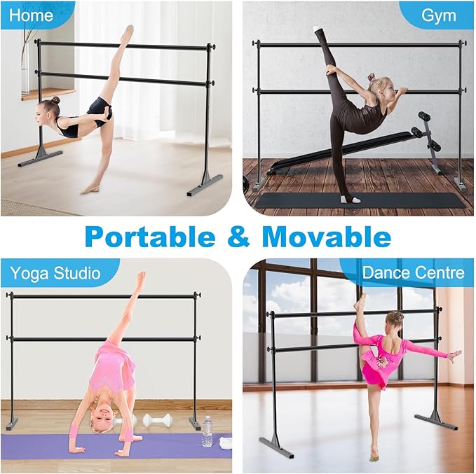 4FT/5FT/6FT Freestanding Ballet Barre 10 Height Adjustable from 11 to 47 inch Ballet Bar 350 lbs Capacity Portable Double Dance Bar for Home Workout and Stretch