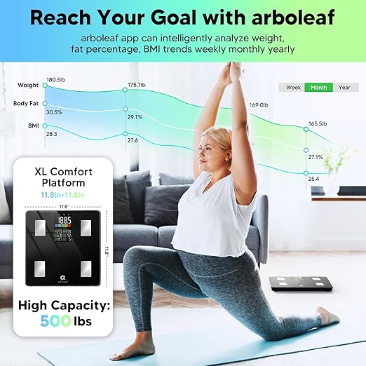 Arboleaf Smart Scale with BMI, Body Fat, Muscle Mass, 14 Composition Metrics, Large LED Display, Digital Bathroom Scale for Weight, Accurate Weighing Machine, App Sync, 500lbs, 11.8"