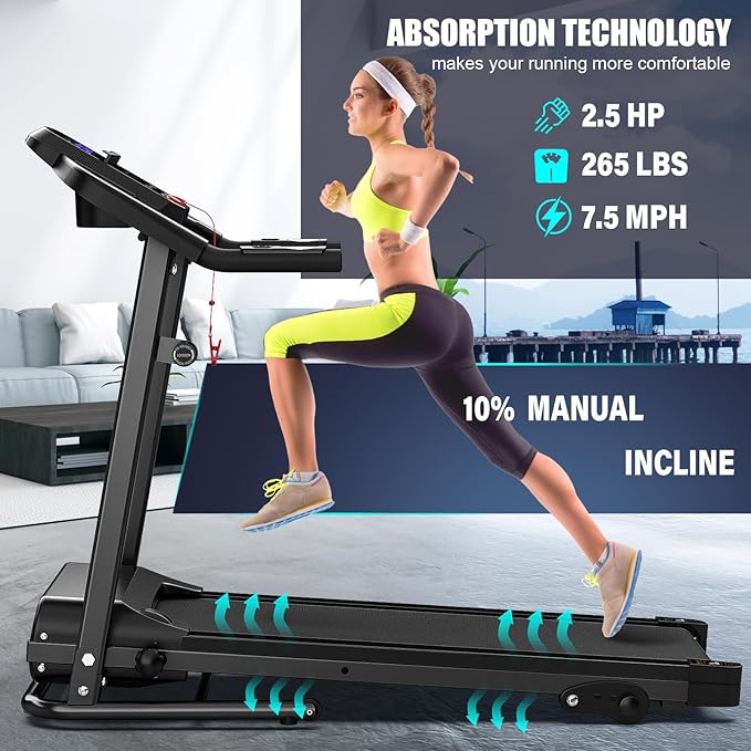 FYC Compact Folding Treadmill for Home - 2.5HP Quiet Brushless Motor, 3-Level Incline, 7.5 MPH, Shock Absorption, Space-Saving Design for Running, Walking - Treadmill for Small Spaces & Home Use