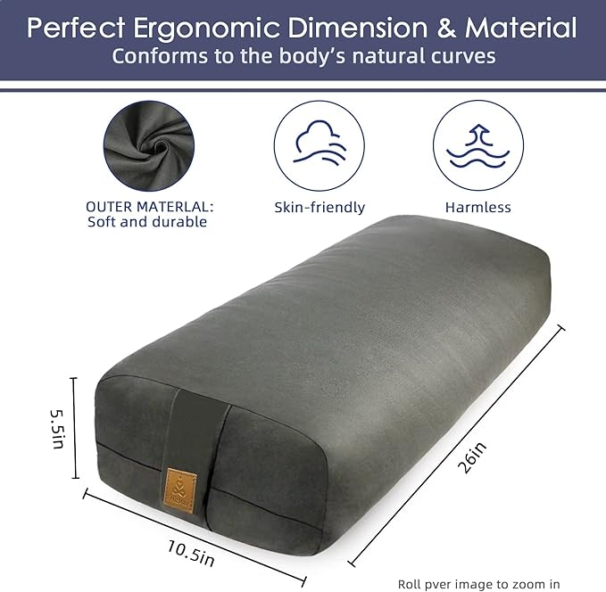 Comfortable Rectangular Yoga Bolster - 26x10.5x5.5in Meditation Supportive Pillow - 100% Cotton