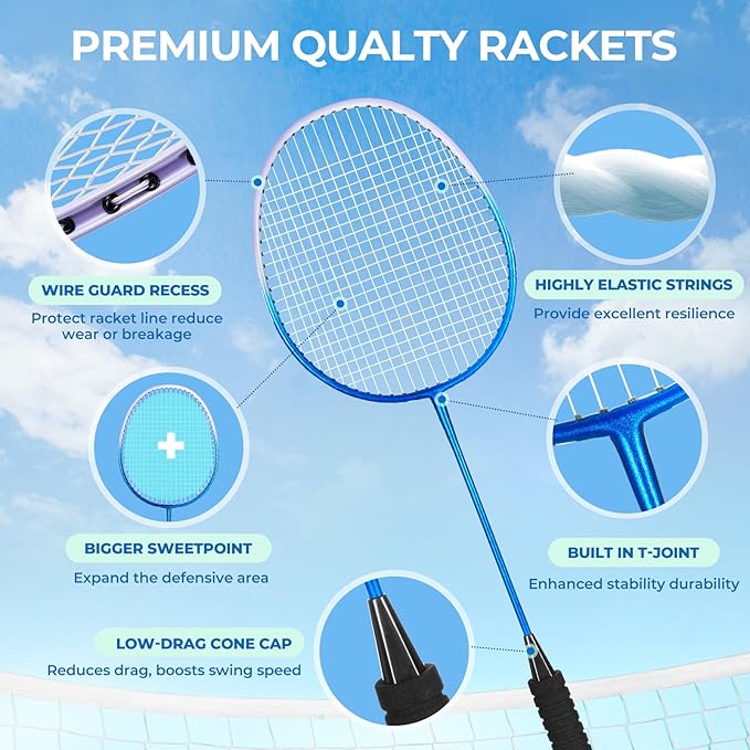 HIRALIY Badminton Rackets Set for Backyards, Lightweight Badminton Set of 2/4, Includ Rackets, Birdies, 1 Carrying Bag, Outdoor Games for Adults Family Kids Beginners