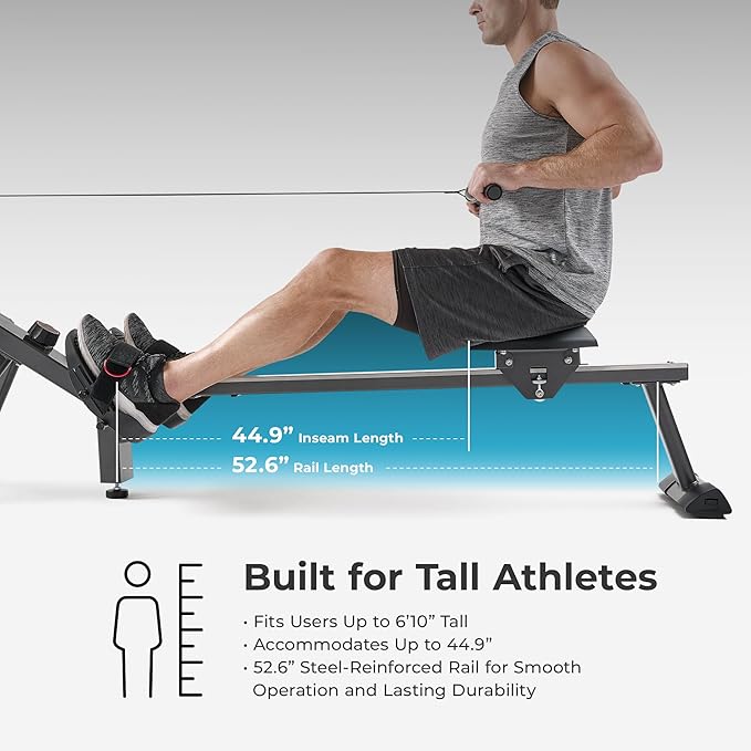 Sunny Health & Fitness Premium Smart Air & Magnetic Resistance Rowing Machine, Foldable Long Silding Rail Exercise Rower for Home Training, Free SunnyFit App Connection