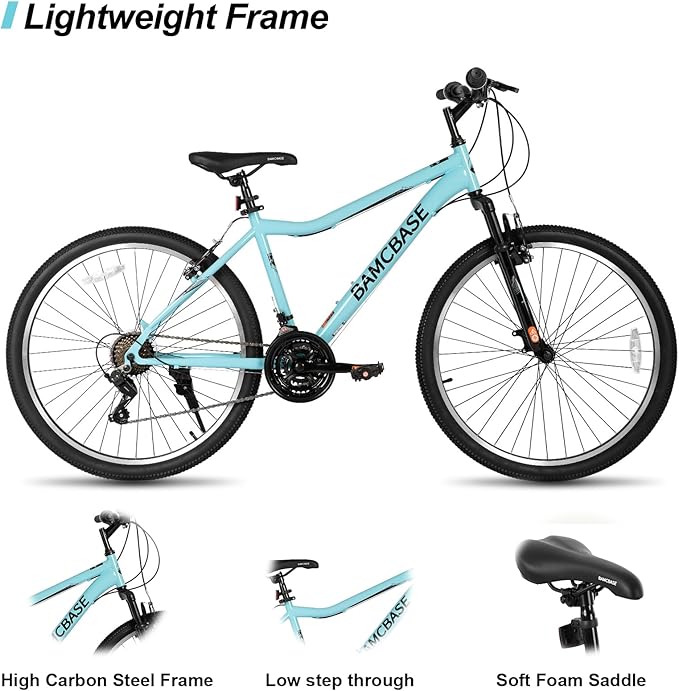 HILAND 26 Inch Womens and Mens Mountain Bike, 21 Speed Steel Frame Adult Bicycle, MTB Bikes with Suspension Fork, Purple Green White