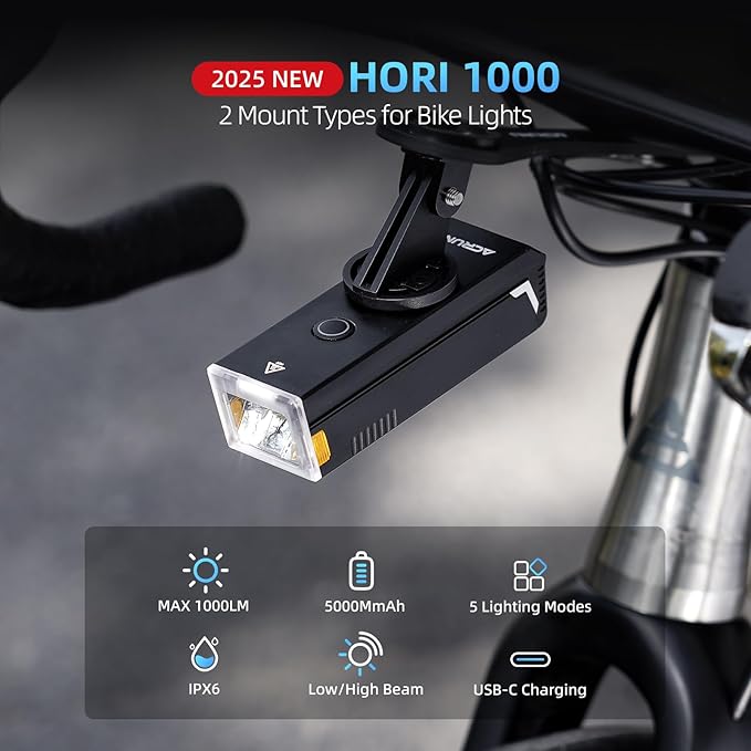 Hori 1000 Bike Lights for Night Riding, High and Low Beam, USB-C Rechargeable Bike Headlight, IPX6 Waterproof Bike Front Light for Road Mountain Bike-1000 lumens(Out-Front Mount)
