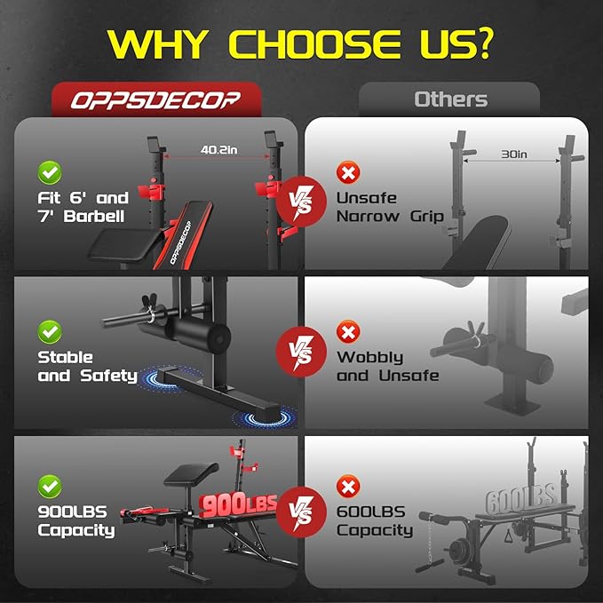 OPPSDECOR 900LBS Weight Bench Set with Squat Rack Preacher Curl Weight Bench with Leg Extension Bench Press Set Workout Bench for Home Gym Full Body Workout