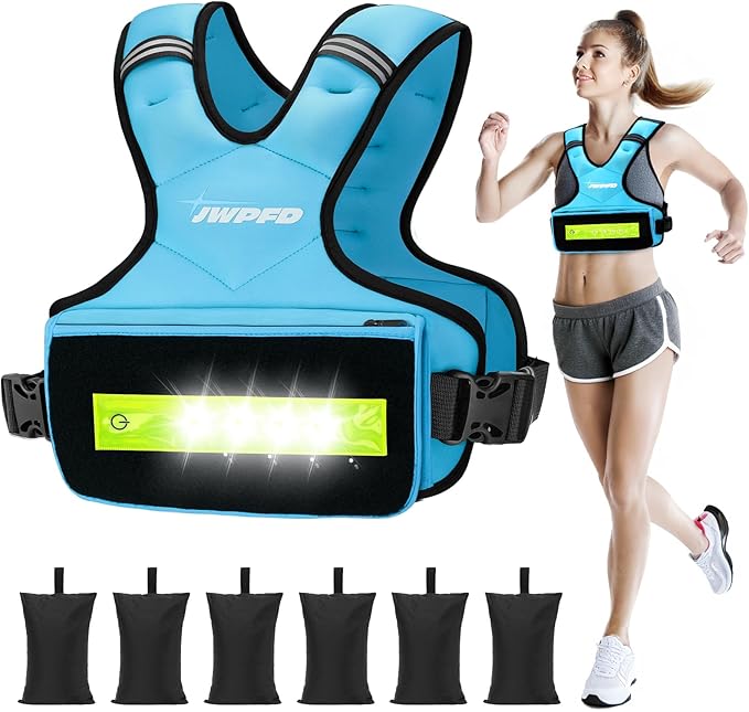 Adjustable Weighted Vest for Women Men, 6-15 Lbs Rucking Vest with LED Light Strips, Weight Vest with 6 Ironsand Weights, and Zipper Pocket for Strength Training, Walking, Running