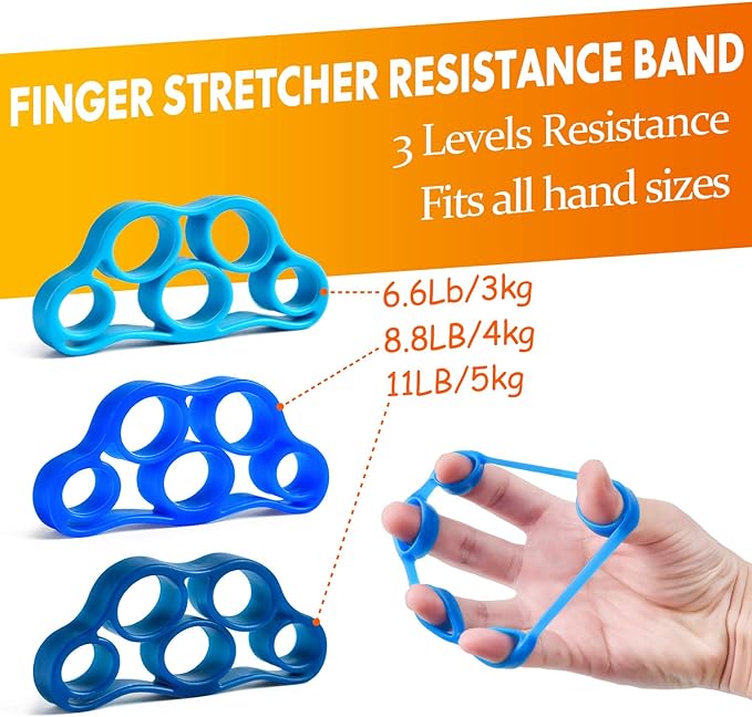Grip Strength Trainer 7 Pack Adjustable, Finger Stretcher Resistance Extensor Bands, Finger Exerciser, Hand Gripper Strength Ring & Stress Ball