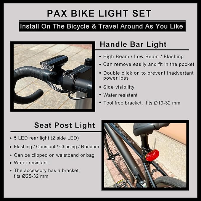 PAX Bike Lights, Super Bright LED Light Set, Bicycle Front Light and Rear Light, Water Resistant, Multi Light Mode, Easy to Install for Mountain Bike, Road Bike and Others