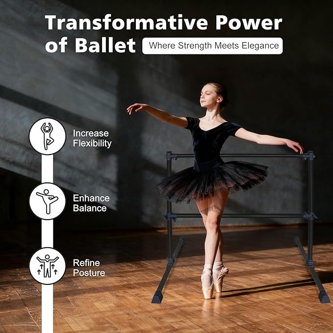 4FT/6FT Freestanding Ballet Barre Wood/Steel Height Adjustable from 7 to 46 inch Ballet Bar Portable Double Dance Bar for Home Workout and Stretch