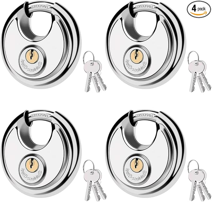 70MM Discus Padlock with Same 3 Brass Keys,304 Stainless Steel Disc Lock with Brass Gallows to Prevent Rusting,Thick Sturdy Hook to Prevent Picking.4 Pack-XZJYYF