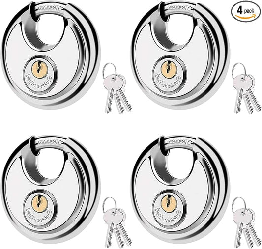 70MM Discus Padlock with Same 3 Brass Keys,304 Stainless Steel Disc Lock with Brass Gallows to Prevent Rusting,Thick Sturdy Hook to Prevent Picking.4 Pack-XZJYYF