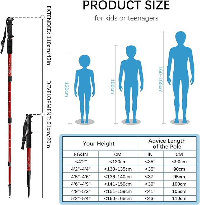 2 Pack Hiking Poles for Junior, Nordic Walking Trekking Pole Hiking Sticks Lightweight Collapsible & Shock-Absorbent Aluminum with Quick Adjustable Locks for Youth & Women