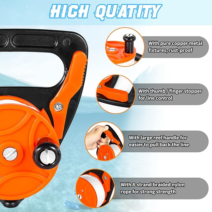 Compact 150ft Scuba Dive Reel Kayak Anchor with Thumb Stopper for Safety Underwater Diving Snorkeling
