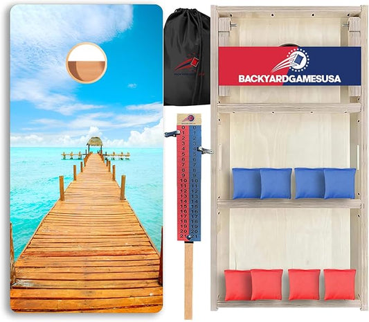 CornholeGamesUSA Pro Cornhole Boards Set | Made in USA | 3/4 Baltic Birch | No Bounce | Triple Thick Legs | Two Brace & Handles, Tournament 2x4 Regulation Set with Score Tower & Cornhole Bags